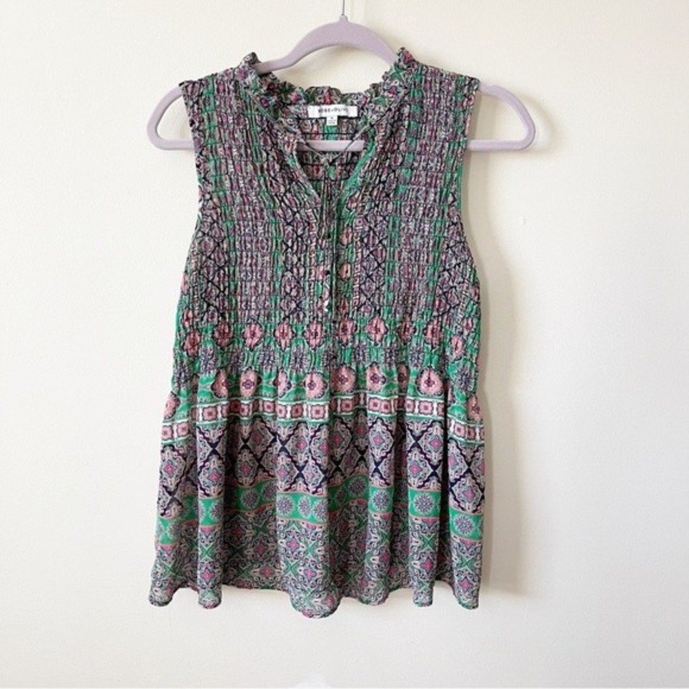 Rose + Olive Printed Smocked Peasant Style Sleeveless Top
